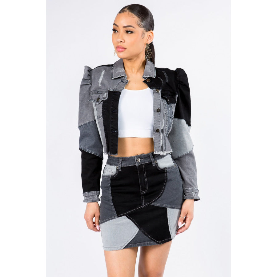 American Bazi Button Up Cropped Patchwork Denim Jacket Black / S Apparel and Accessories