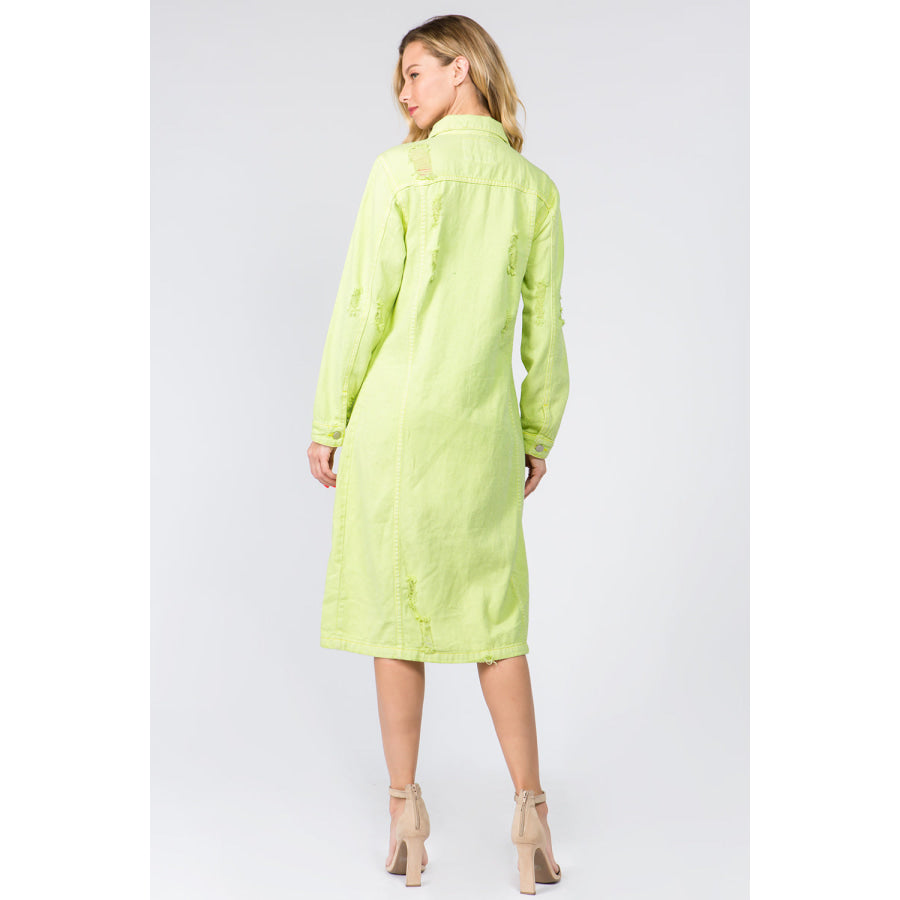 American Bazi Button Up Distressed Denim Dress Lime / S Apparel and Accessories