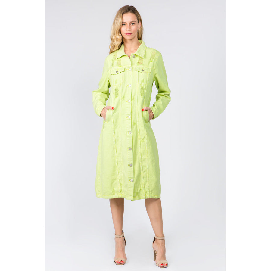 American Bazi Button Up Distressed Denim Dress Lime / S Apparel and Accessories