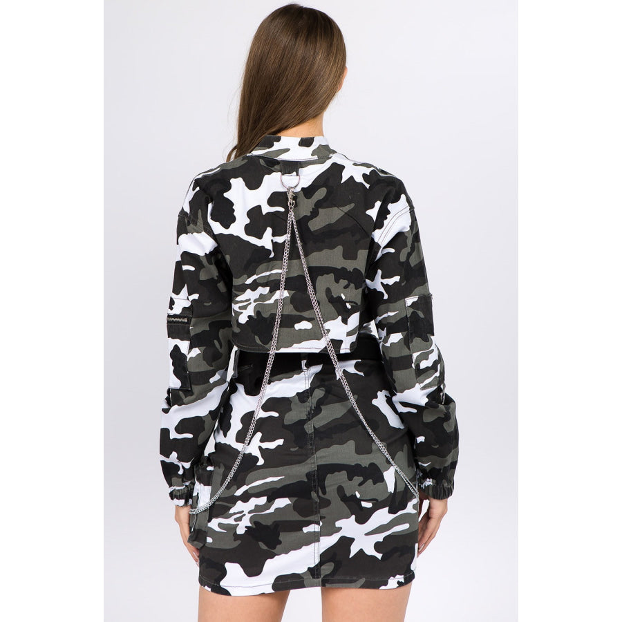 American Bazi Camouflage Cropped Jacket with Chains Apparel and Accessories