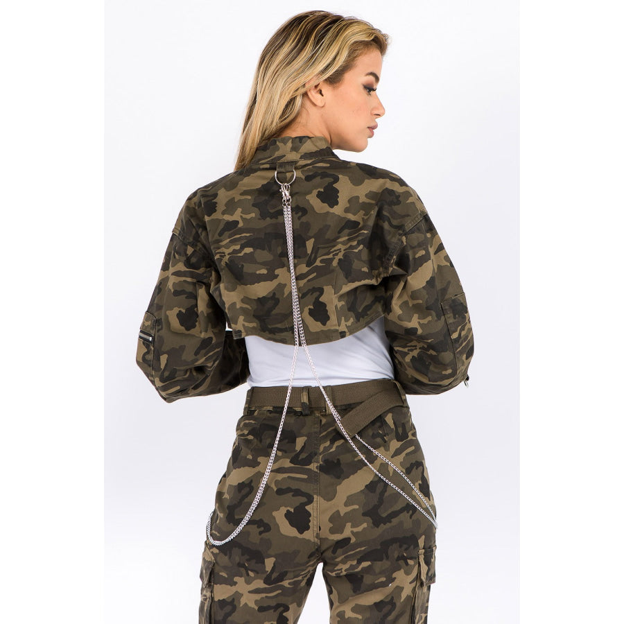 American Bazi Camouflage Cropped Jacket with Chains Apparel and Accessories