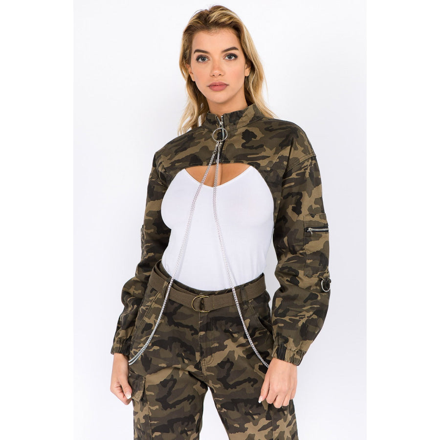 American Bazi Camouflage Cropped Jacket with Chains Olive Camo / S Apparel and Accessories