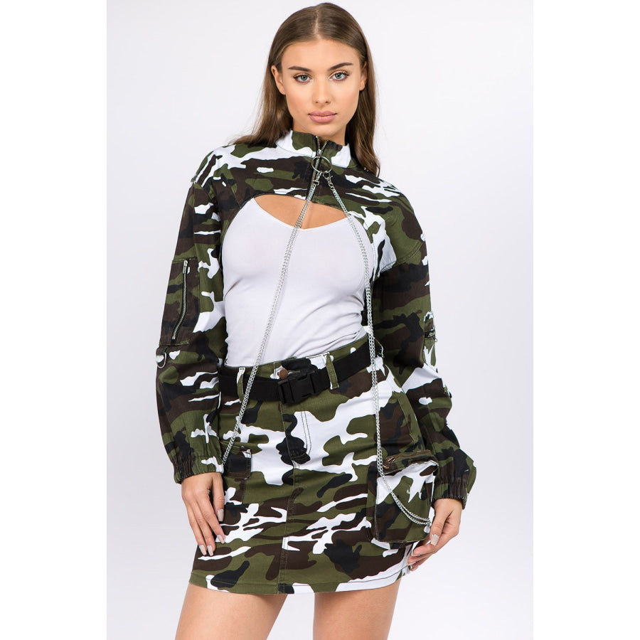 American Bazi Camouflage Cropped Jacket with Chains Winter Camo / S Apparel and Accessories