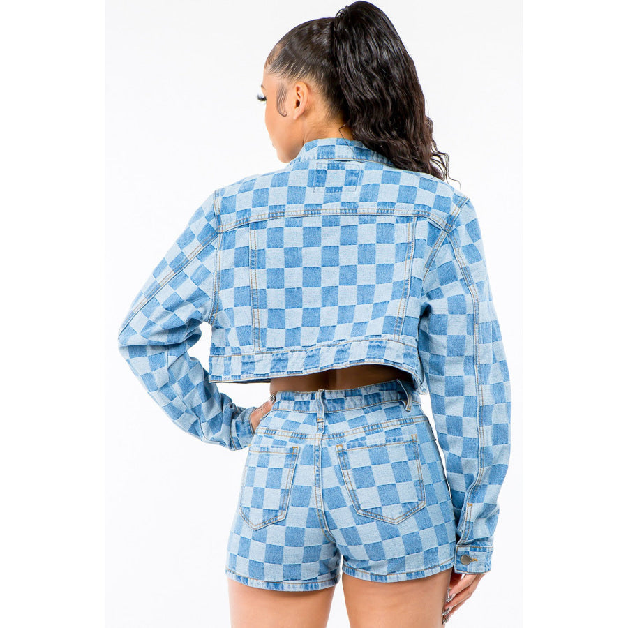 American Bazi Checkered Long Sleeve Cropped Denim Jacket Apparel and Accessories