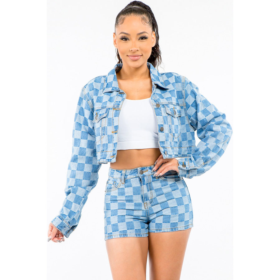 American Bazi Checkered Long Sleeve Cropped Denim Jacket Blue / S Apparel and Accessories