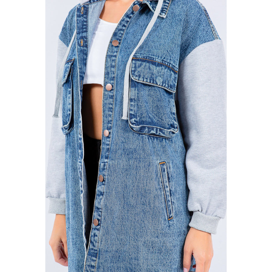 American Bazi Contrast Longline Hooded Denim Jacket Apparel and Accessories