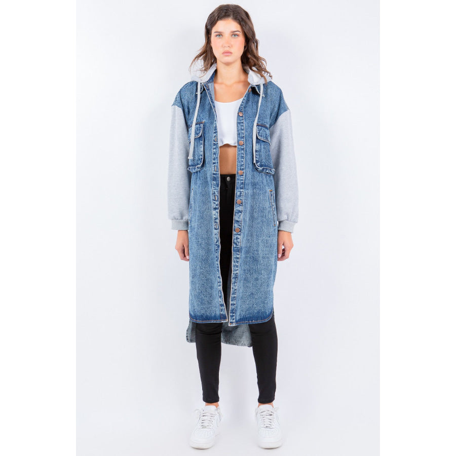 American Bazi Contrast Longline Hooded Denim Jacket Blue/Grey / S Apparel and Accessories