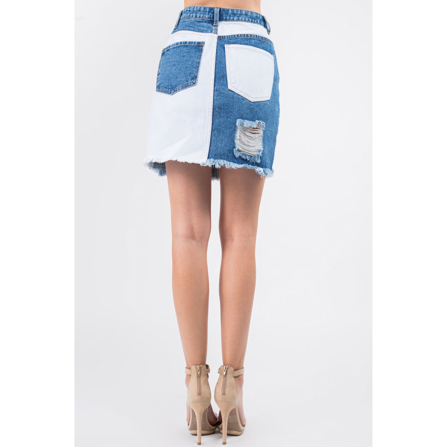 American Bazi Contrast Patched Frayed Denim Distressed Skirts Blue/White / S Apparel and Accessories