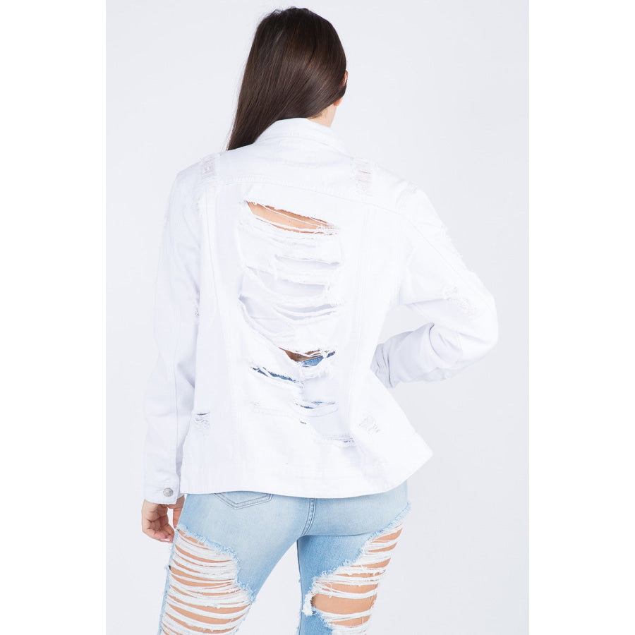 American Bazi Distressed Back Button Down Denim Jacket White / S Apparel and Accessories