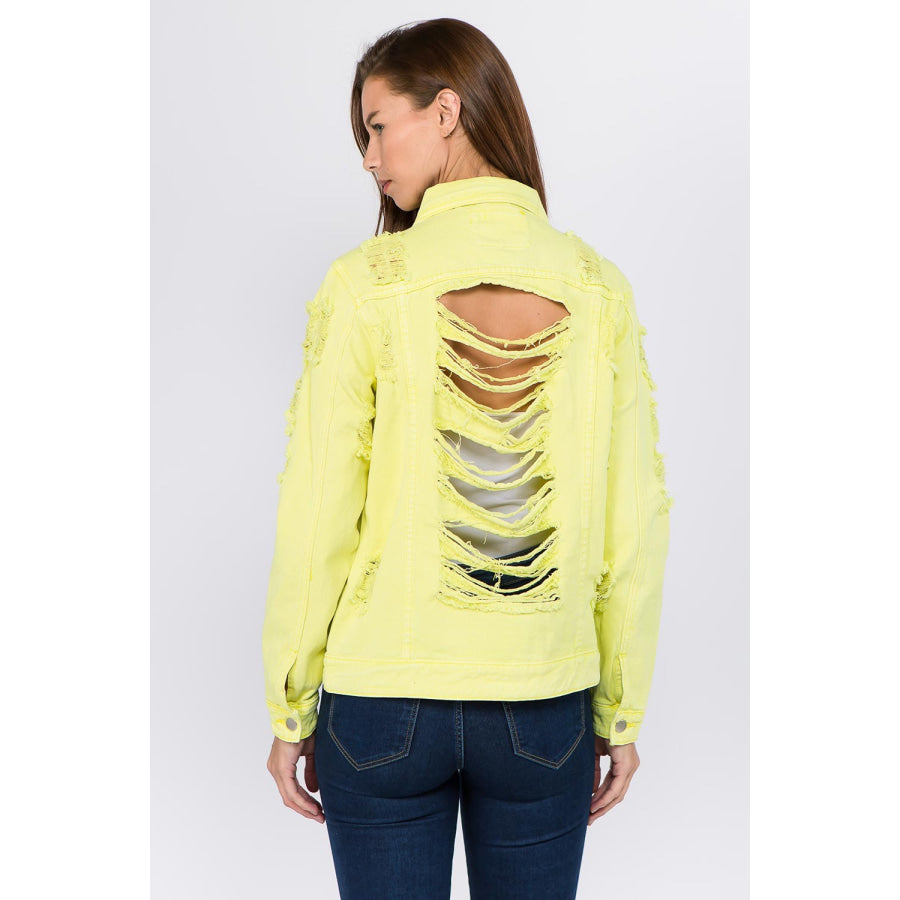 American Bazi Distressed Back Button Down Denim Jacket Lime/Neon Yellow / S Apparel and Accessories