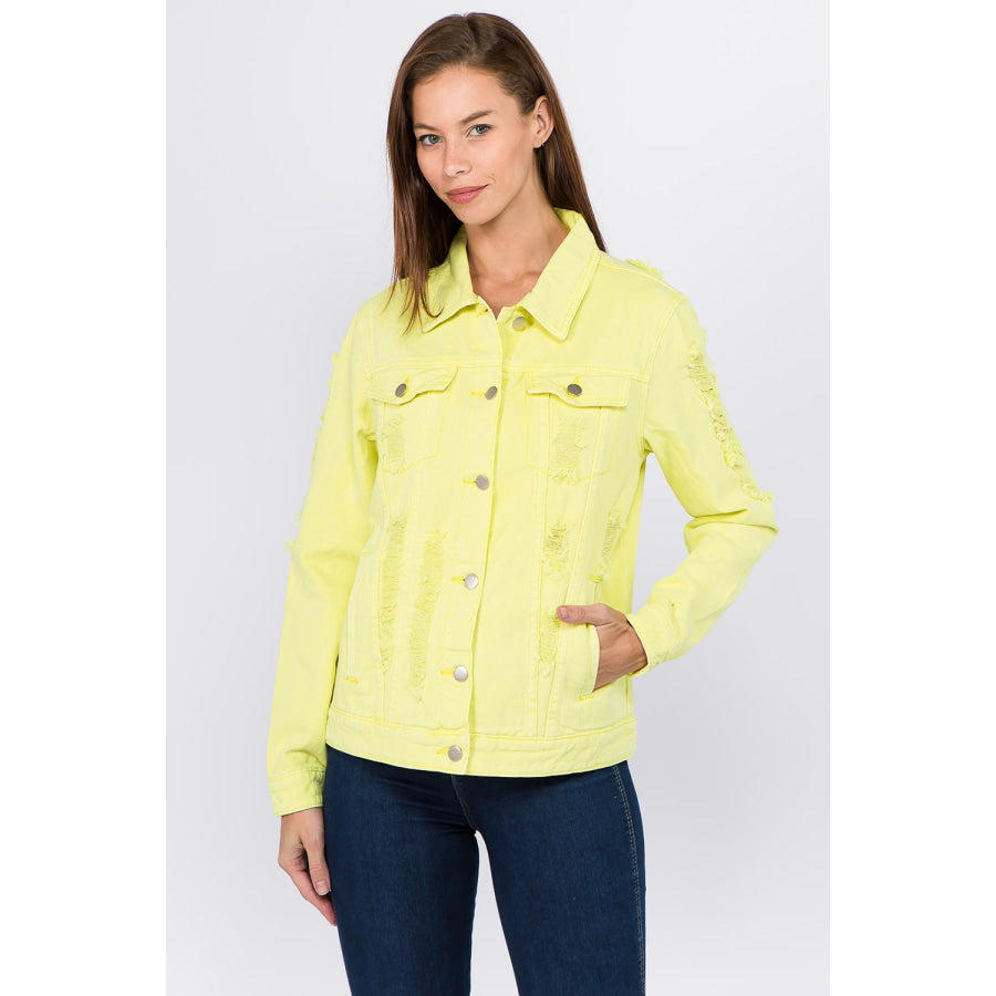 American Bazi Distressed Back Button Down Denim Jacket Lime/Neon Yellow / S Apparel and Accessories