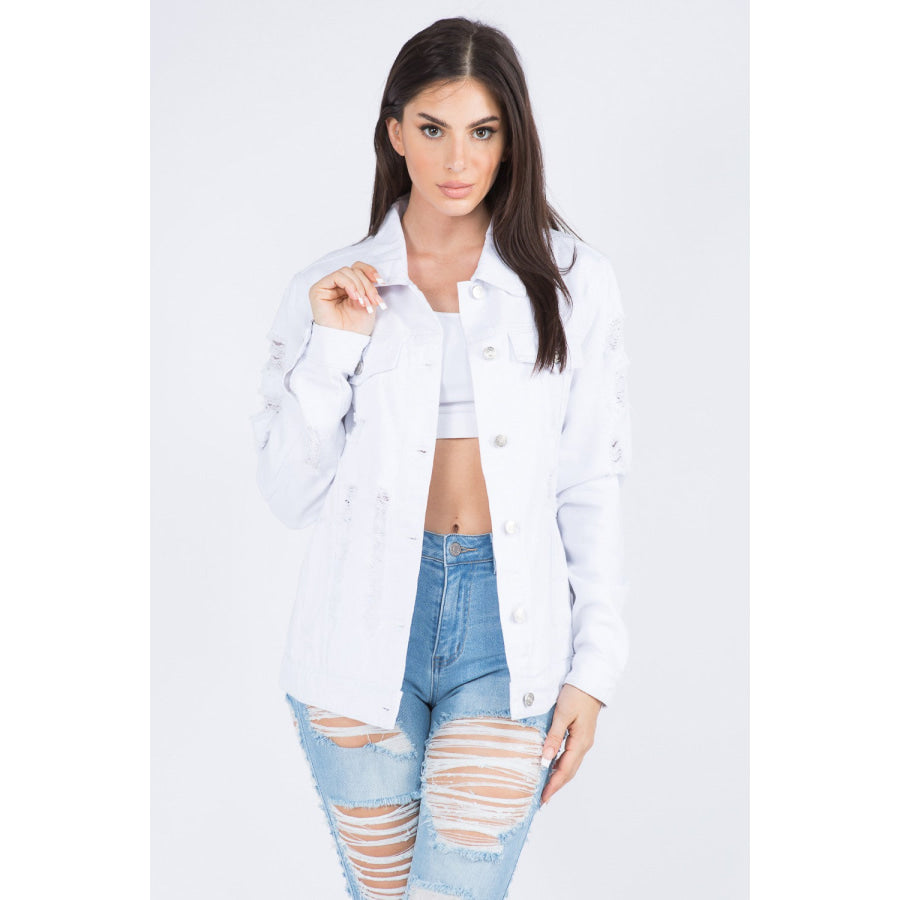 American Bazi Distressed Back Button Down Denim Jacket White / S Apparel and Accessories