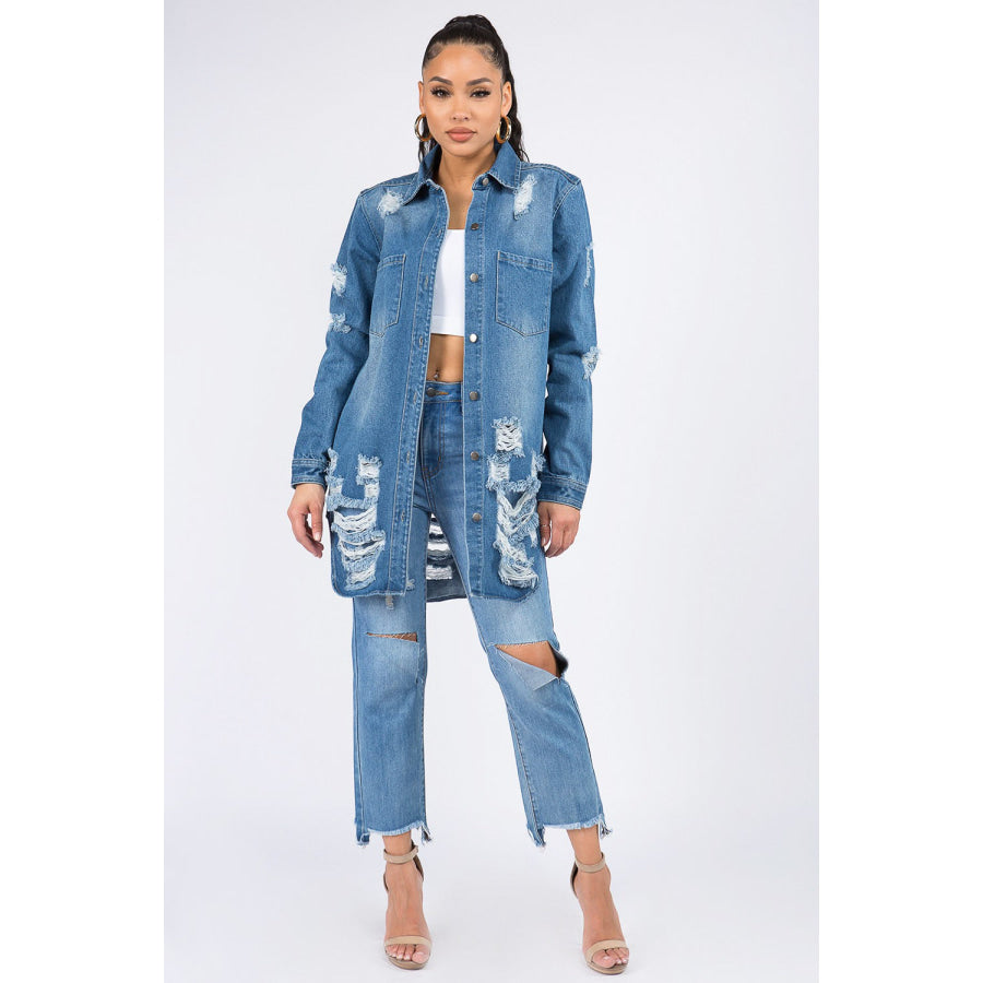 American Bazi Distressed Button Down Denim Shirt Jacket Apparel and Accessories