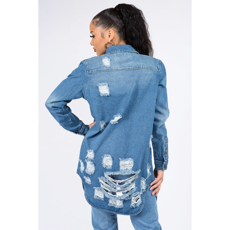 American Bazi Distressed Button Down Denim Shirt Jacket Apparel and Accessories