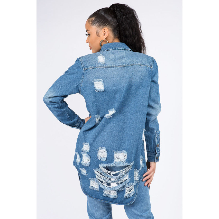 American Bazi Distressed Button Down Denim Shirt Jacket Medium Blue / S Apparel and Accessories
