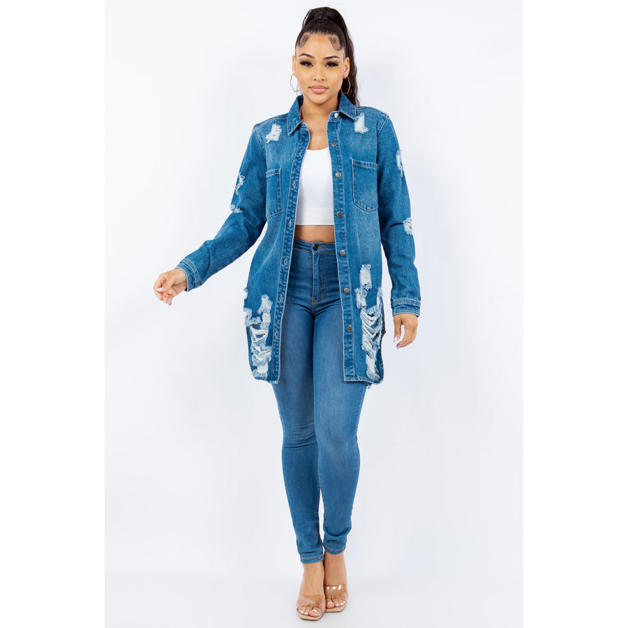 American Bazi Distressed Button Up Long Sleeve Denim Jacket Apparel and Accessories