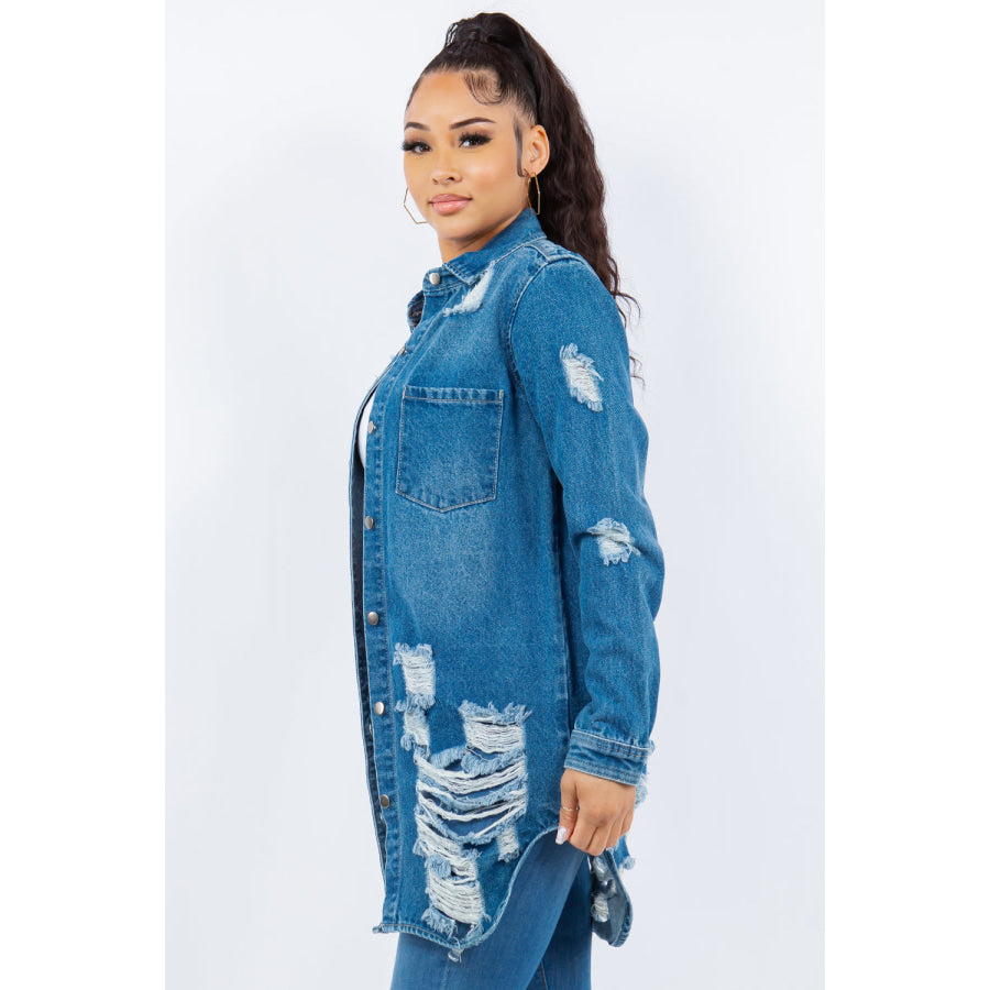 American Bazi Distressed Button Up Long Sleeve Denim Jacket Apparel and Accessories