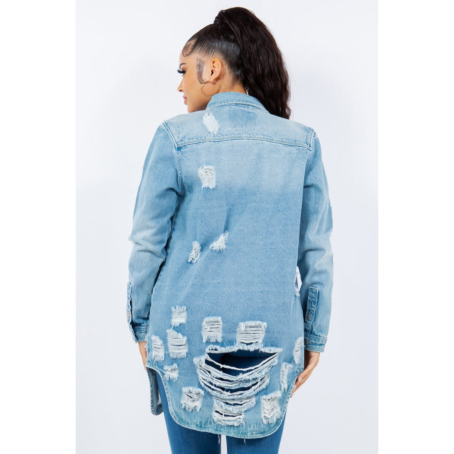 American Bazi Distressed Button Up Long Sleeve Denim Jacket Apparel and Accessories