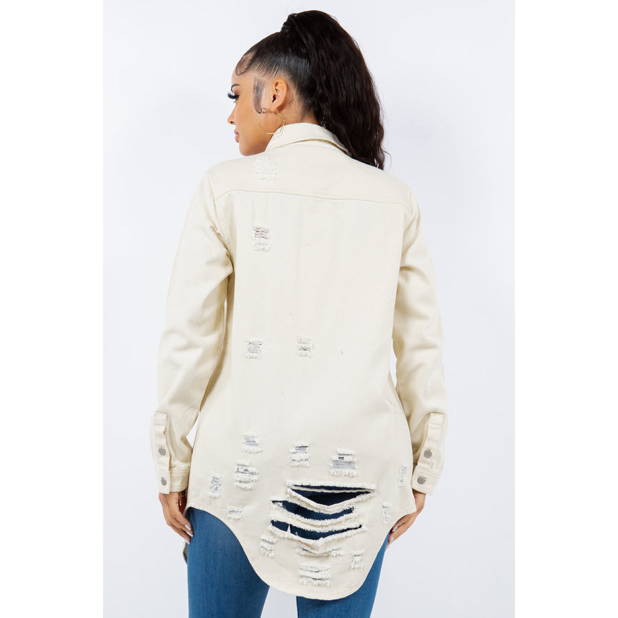 American Bazi Distressed Button Up Long Sleeve Denim Jacket Ivory / S Apparel and Accessories