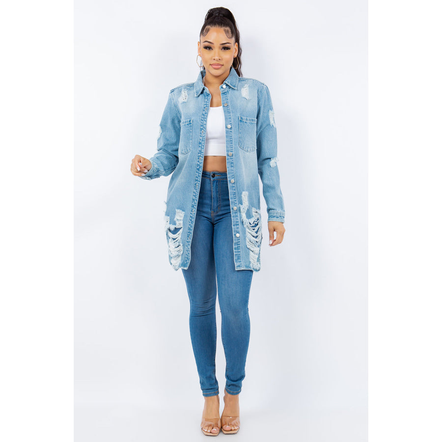 American Bazi Distressed Button Up Long Sleeve Denim Jacket Apparel and Accessories