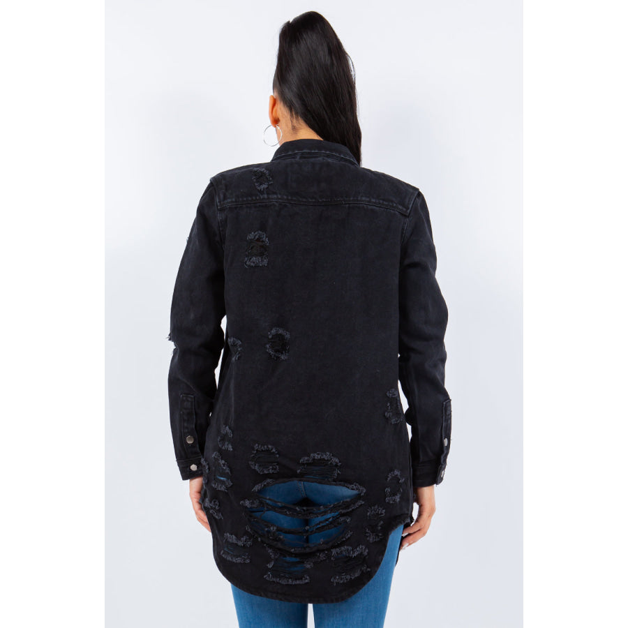 American Bazi Distressed Button Up Long Sleeve Denim Jacket Black / S Apparel and Accessories