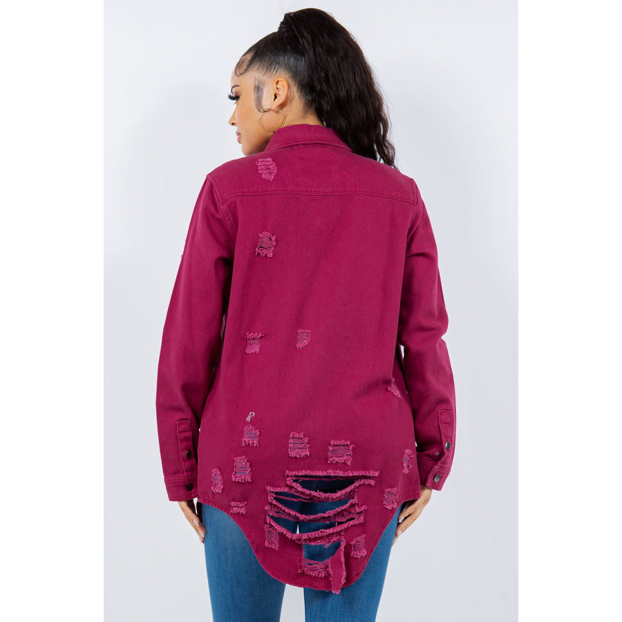 American Bazi Distressed Button Up Long Sleeve Denim Jacket Deep Purple / S Apparel and Accessories