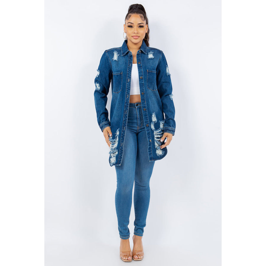 American Bazi Distressed Button Up Long Sleeve Denim Jacket Apparel and Accessories