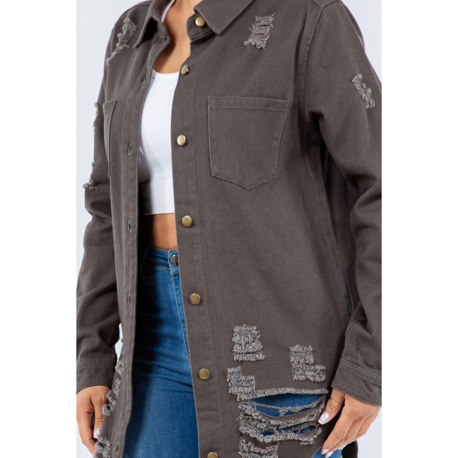 American Bazi Distressed Button Up Long Sleeve Denim Jacket Apparel and Accessories