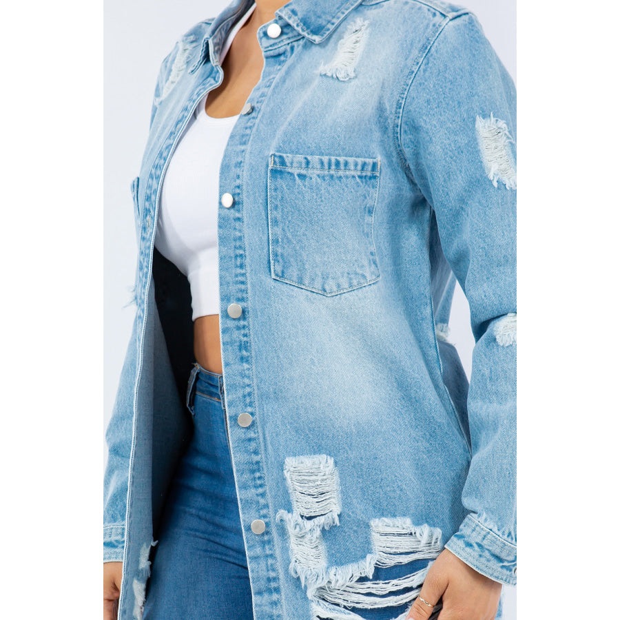 American Bazi Distressed Button Up Long Sleeve Denim Jacket Apparel and Accessories