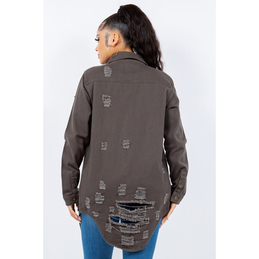 American Bazi Distressed Button Up Long Sleeve Denim Jacket Gray / S Apparel and Accessories