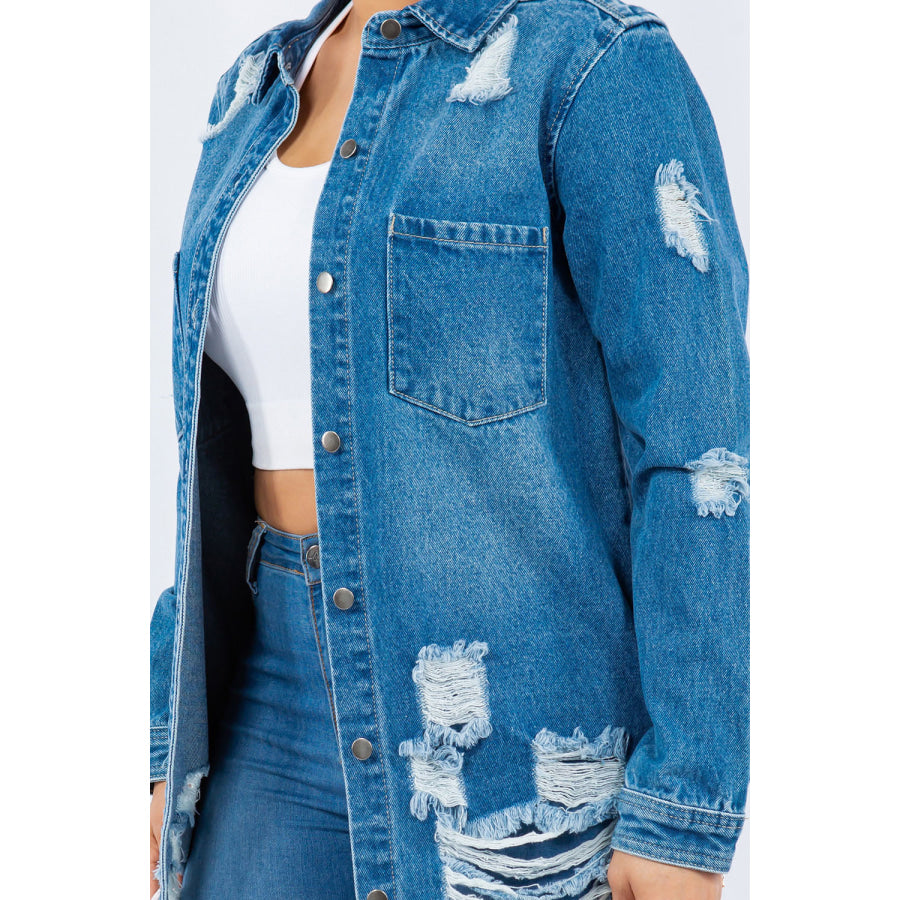 American Bazi Distressed Button Up Long Sleeve Denim Jacket Apparel and Accessories