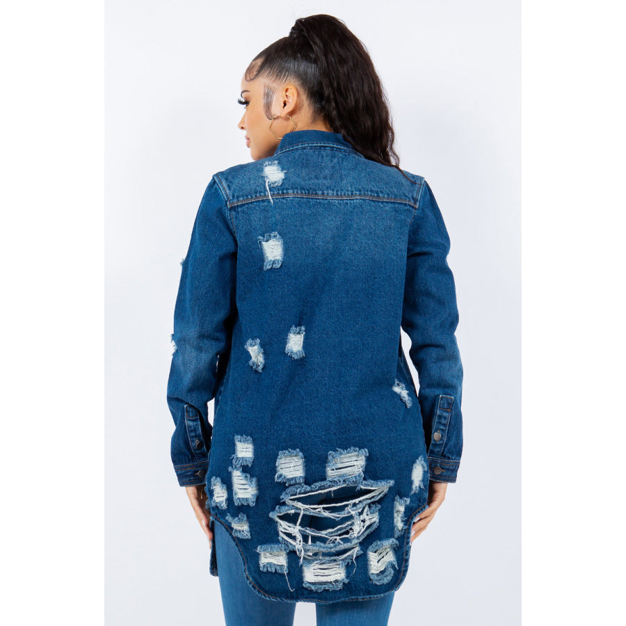 American Bazi Distressed Button Up Long Sleeve Denim Jacket Apparel and Accessories