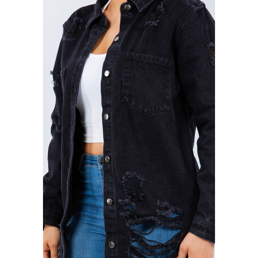 American Bazi Distressed Button Up Long Sleeve Denim Jacket Apparel and Accessories