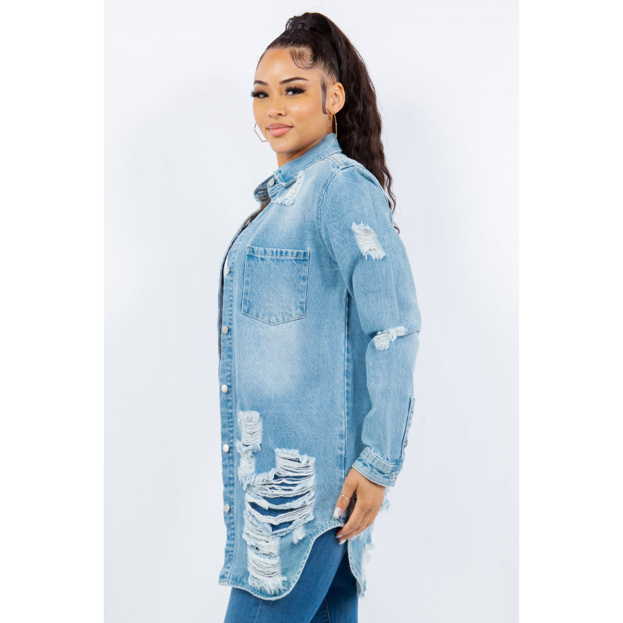 American Bazi Distressed Button Up Long Sleeve Denim Jacket Apparel and Accessories