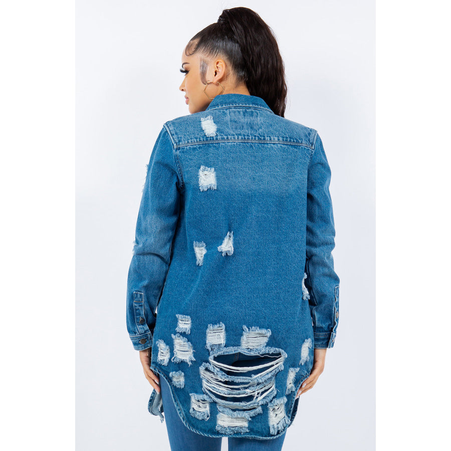 American Bazi Distressed Button Up Long Sleeve Denim Jacket M Blue / S Apparel and Accessories