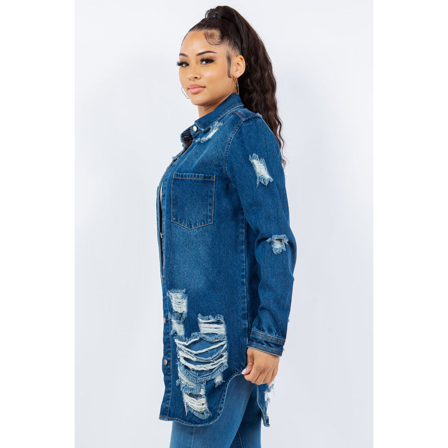 American Bazi Distressed Button Up Long Sleeve Denim Jacket Apparel and Accessories