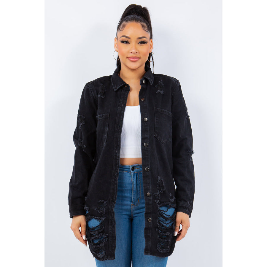 American Bazi Distressed Button Up Long Sleeve Denim Jacket Black / S Apparel and Accessories