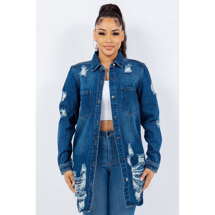 American Bazi Distressed Button Up Long Sleeve Denim Jacket Blue / S Apparel and Accessories