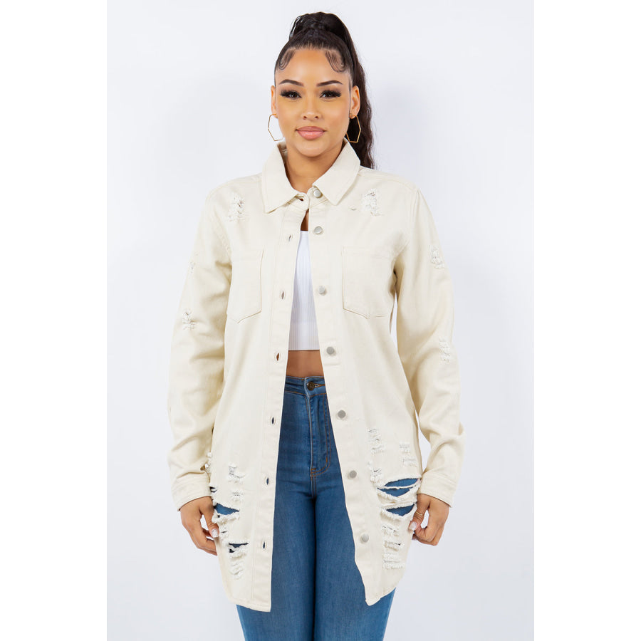 American Bazi Distressed Button Up Long Sleeve Denim Jacket Ivory / S Apparel and Accessories