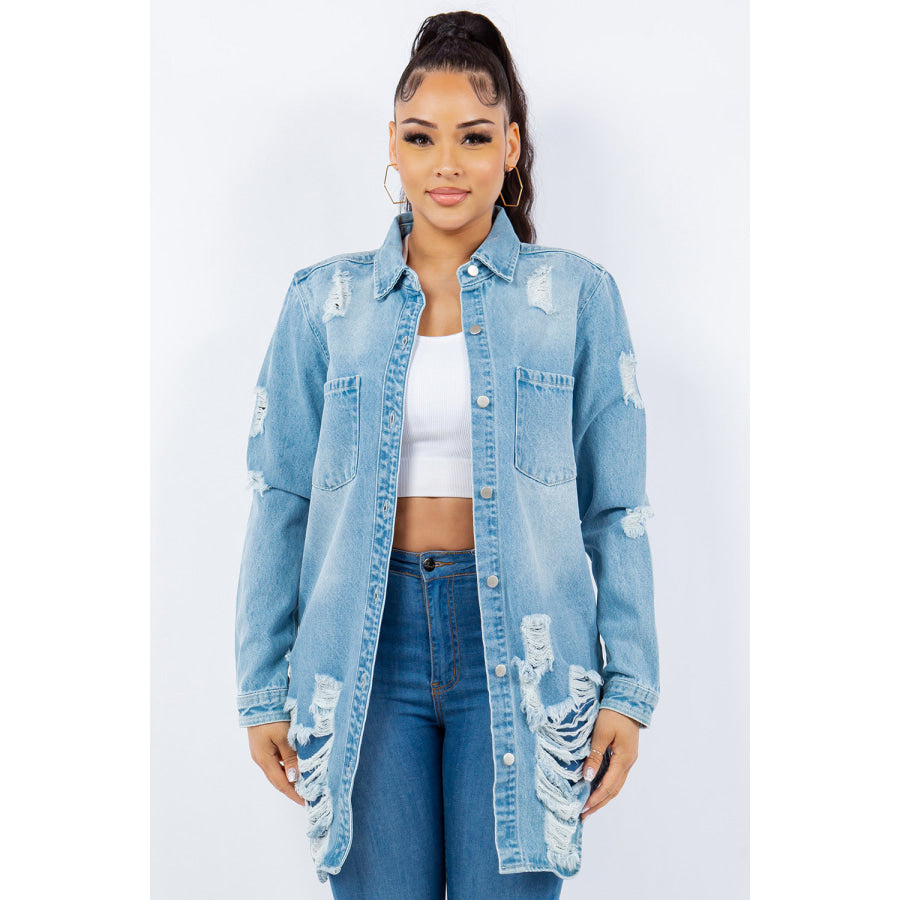 American Bazi Distressed Button Up Long Sleeve Denim Jacket Lt Blue / S Apparel and Accessories