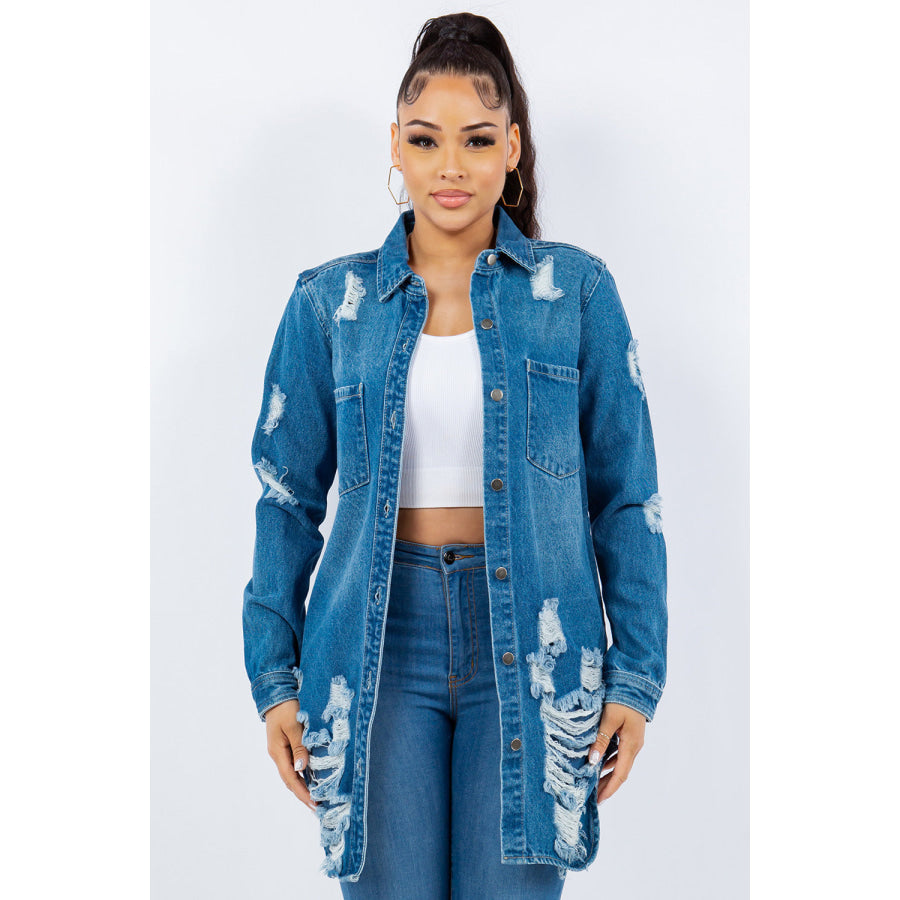 American Bazi Distressed Button Up Long Sleeve Denim Jacket M Blue / S Apparel and Accessories