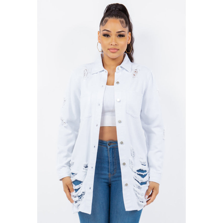 American Bazi Distressed Button Up Long Sleeve Denim Jacket White / S Apparel and Accessories