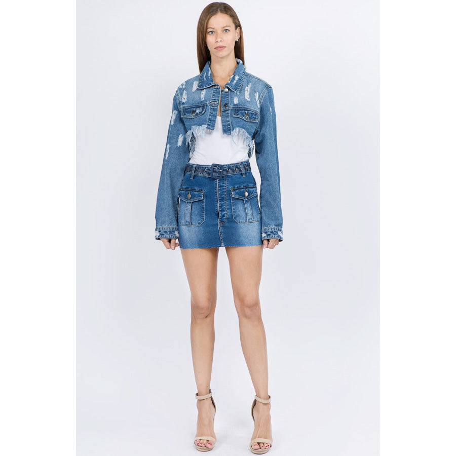 American Bazi Distressed Denim Jacket with Frayed Hem Apparel and Accessories