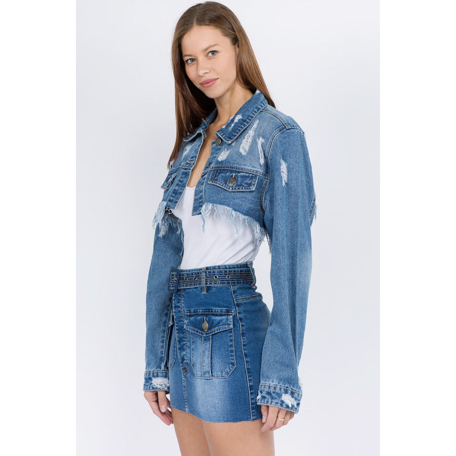 American Bazi Distressed Denim Jacket with Frayed Hem Apparel and Accessories