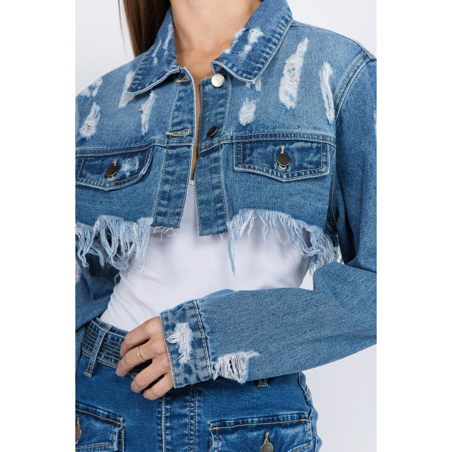 American Bazi Distressed Denim Jacket with Frayed Hem Apparel and Accessories