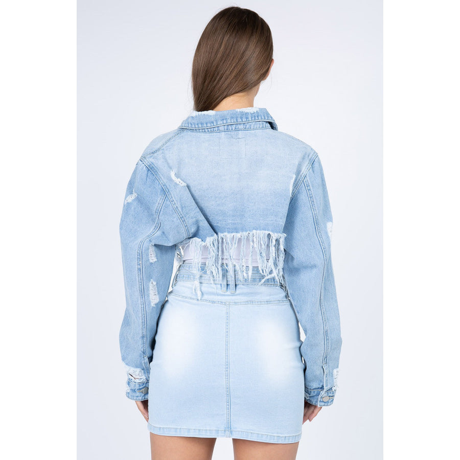 American Bazi Distressed Denim Jacket with Frayed Hem Apparel and Accessories