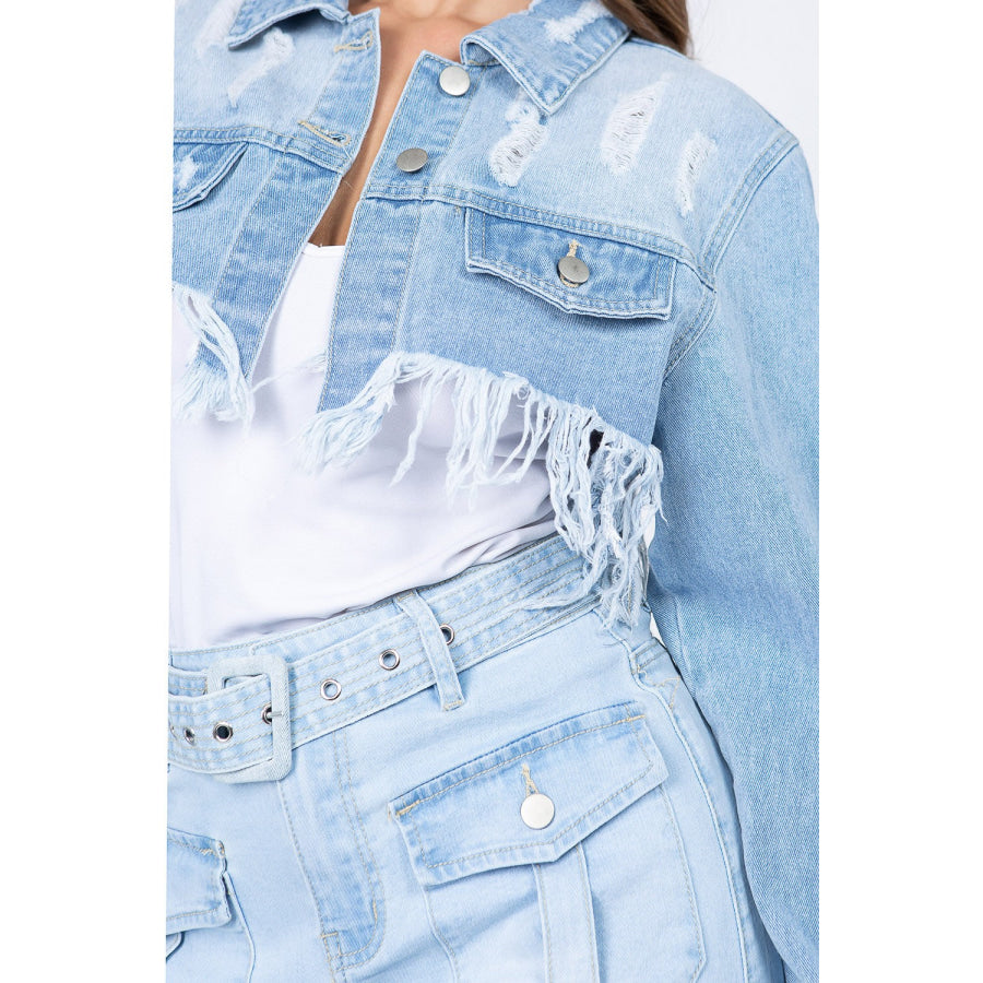 American Bazi Distressed Denim Jacket with Frayed Hem Apparel and Accessories