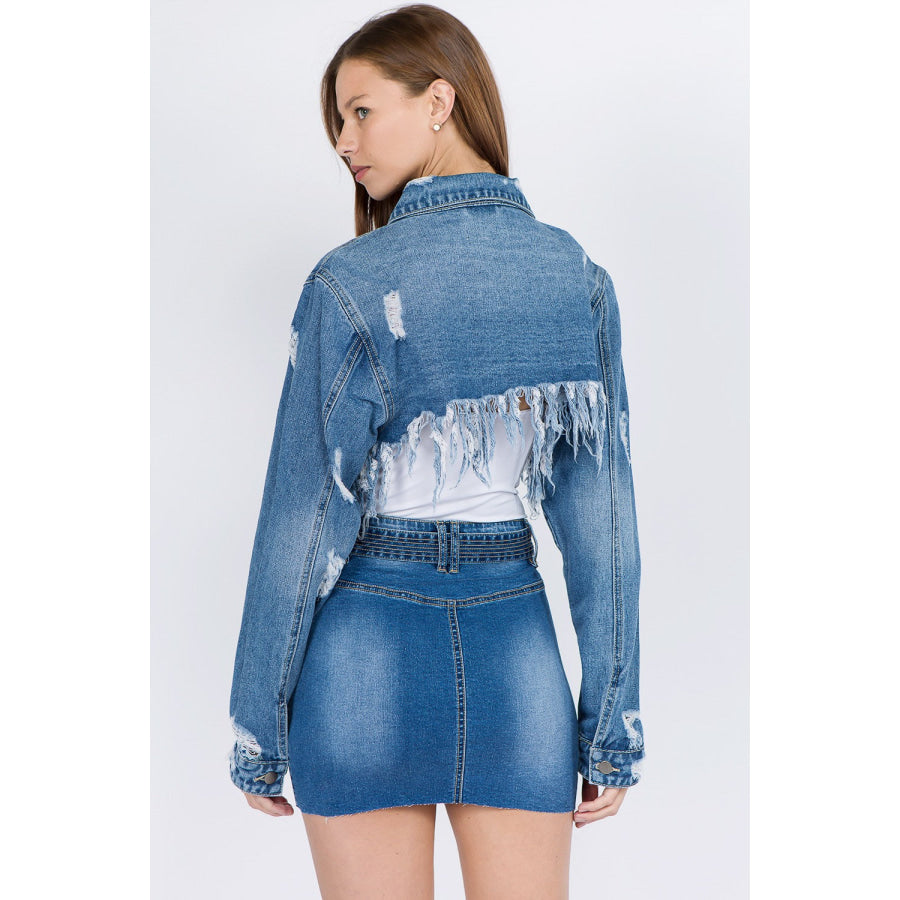 American Bazi Distressed Denim Jacket with Frayed Hem Apparel and Accessories