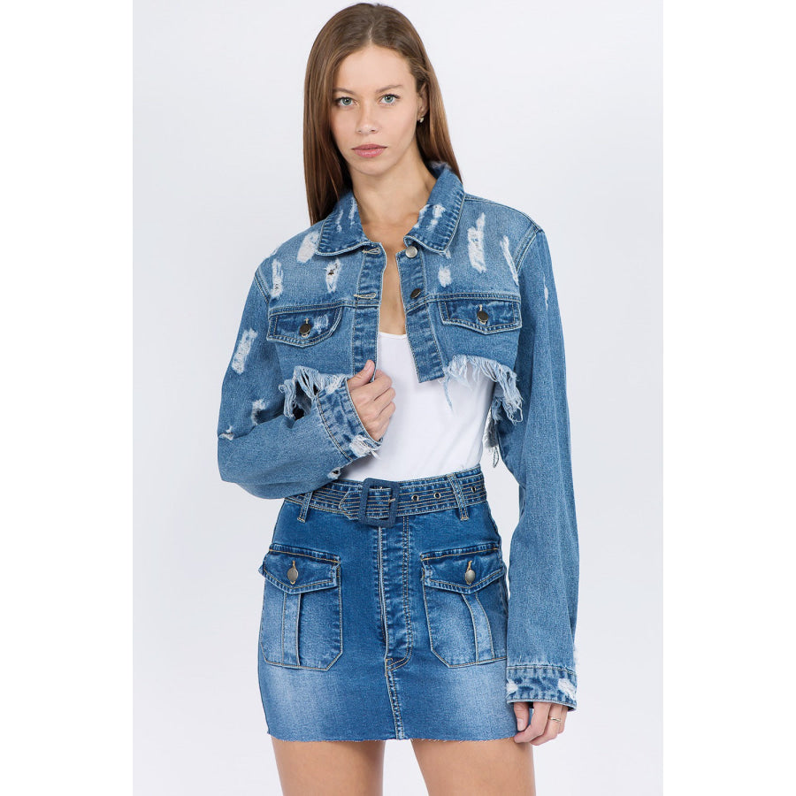 American Bazi Distressed Denim Jacket with Frayed Hem Blue / S Apparel and Accessories