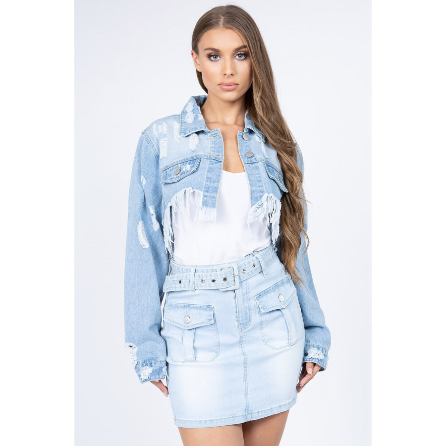 American Bazi Distressed Denim Jacket with Frayed Hem LT Blue / S Apparel and Accessories